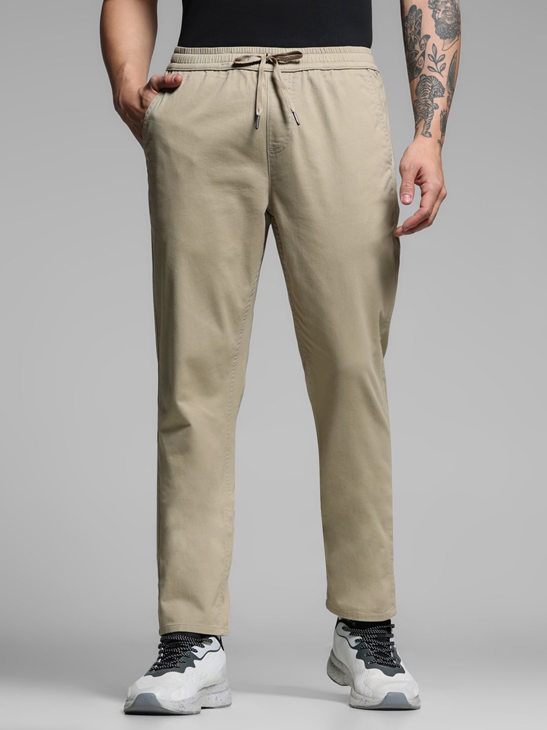 Beige Mid Rise Cotton Pants