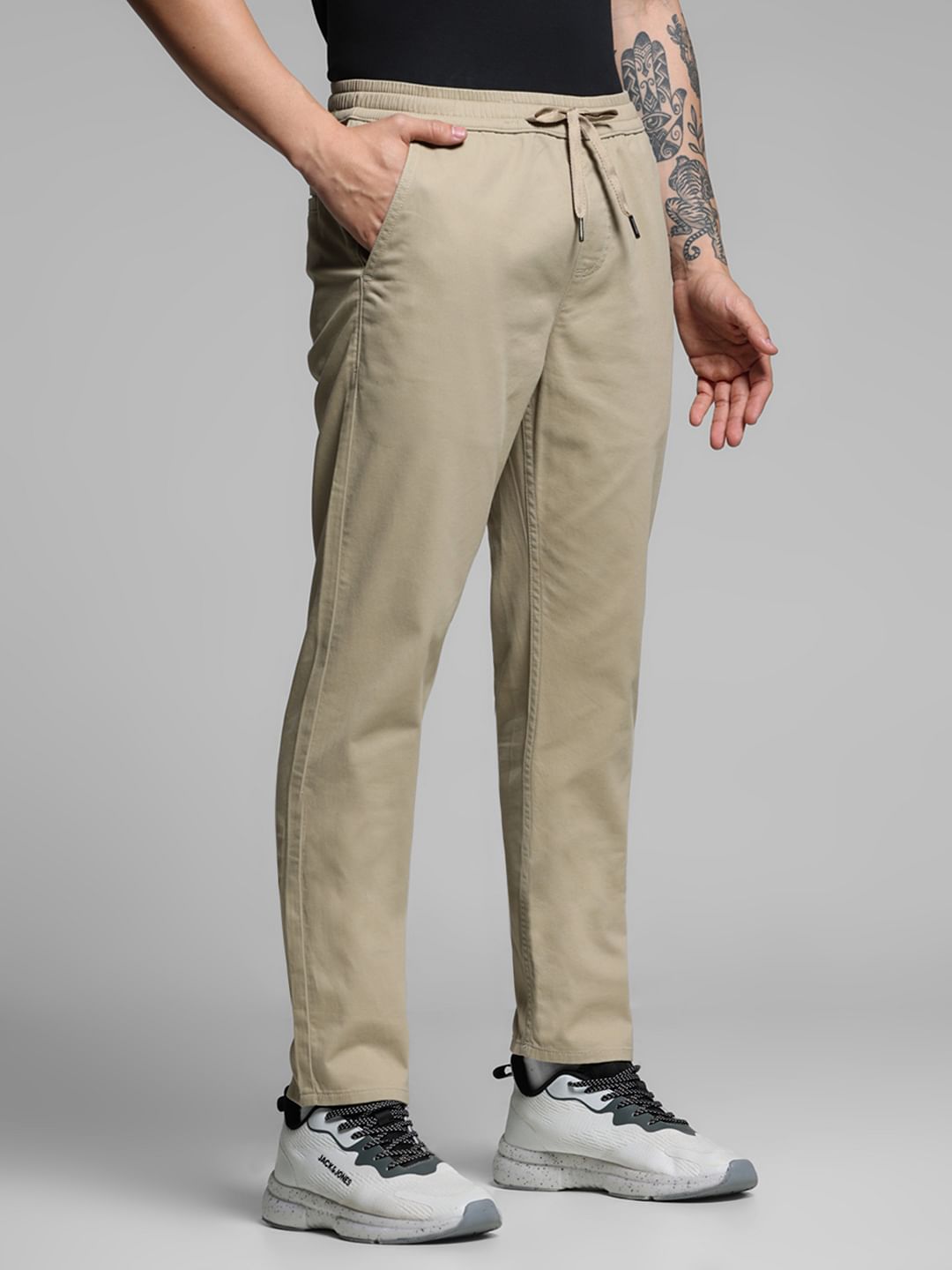 Beige Mid Rise Cotton Pants