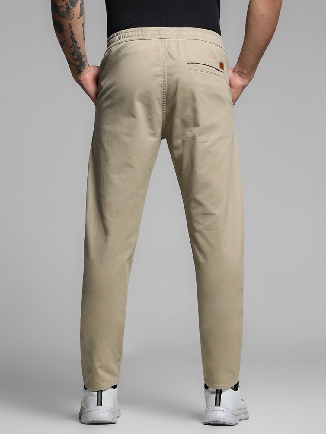 Beige Mid Rise Cotton Pants