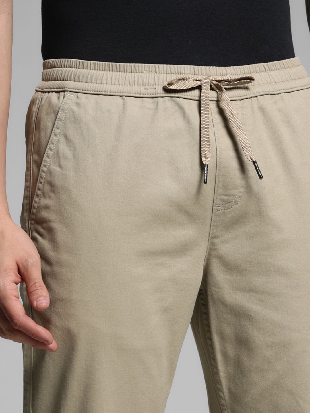 Beige Mid Rise Cotton Pants