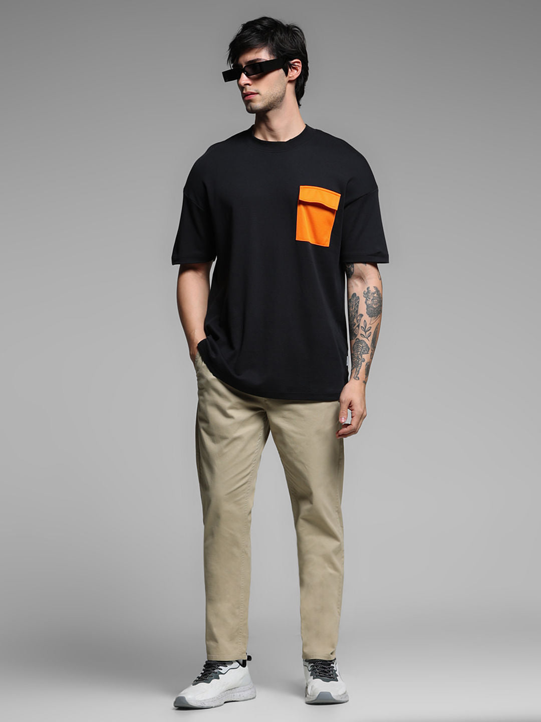 Beige Mid Rise Cotton Pants