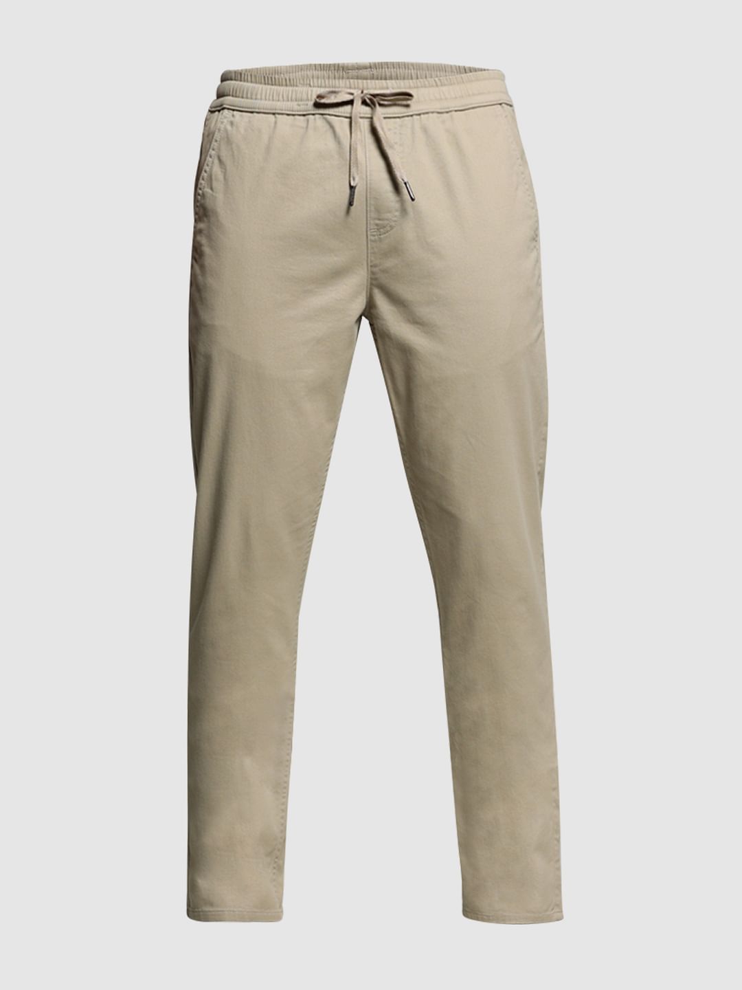 Beige Mid Rise Cotton Pants