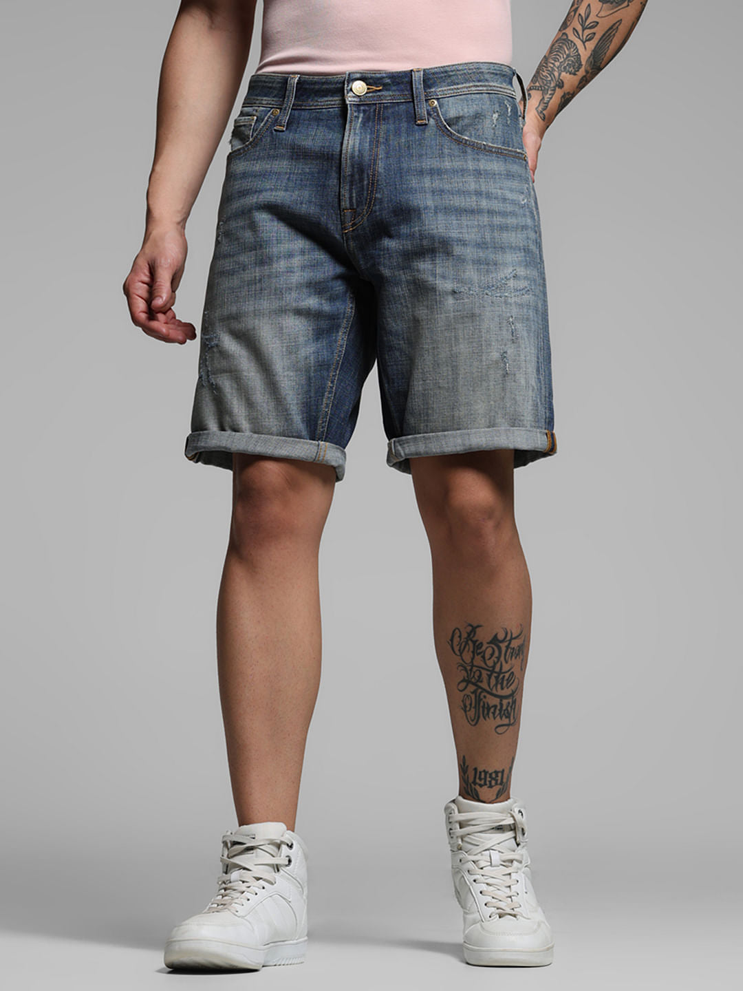 Blue Mid Rise Distressed Denim Shorts