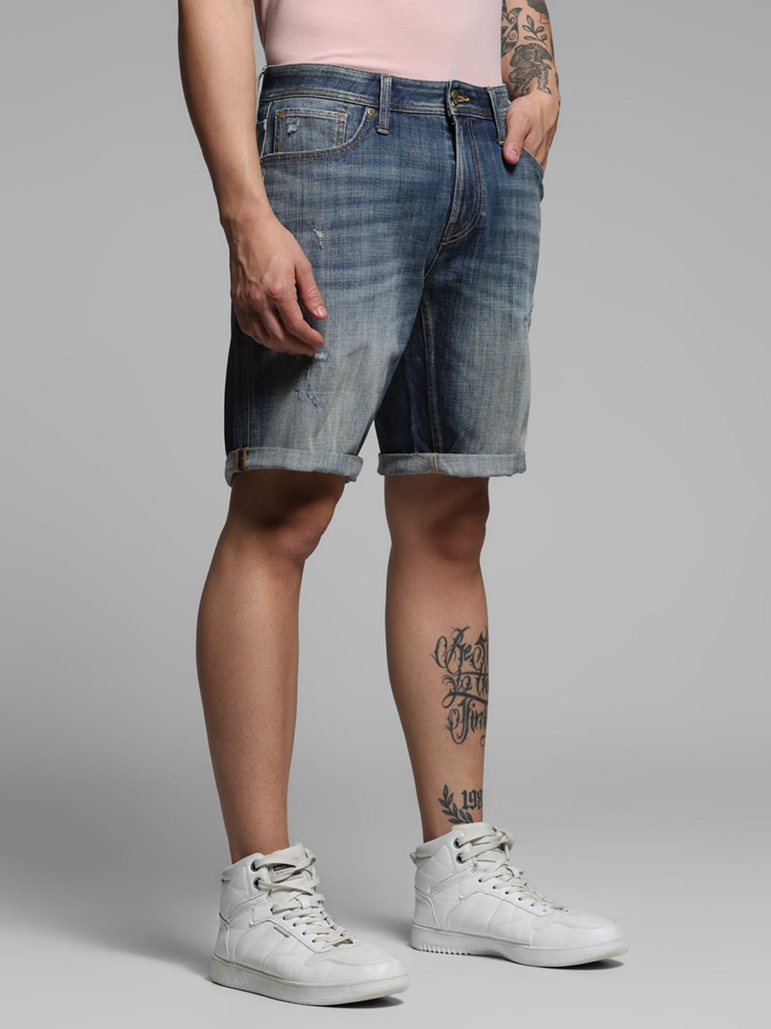 Blue Mid Rise Distressed Denim Shorts