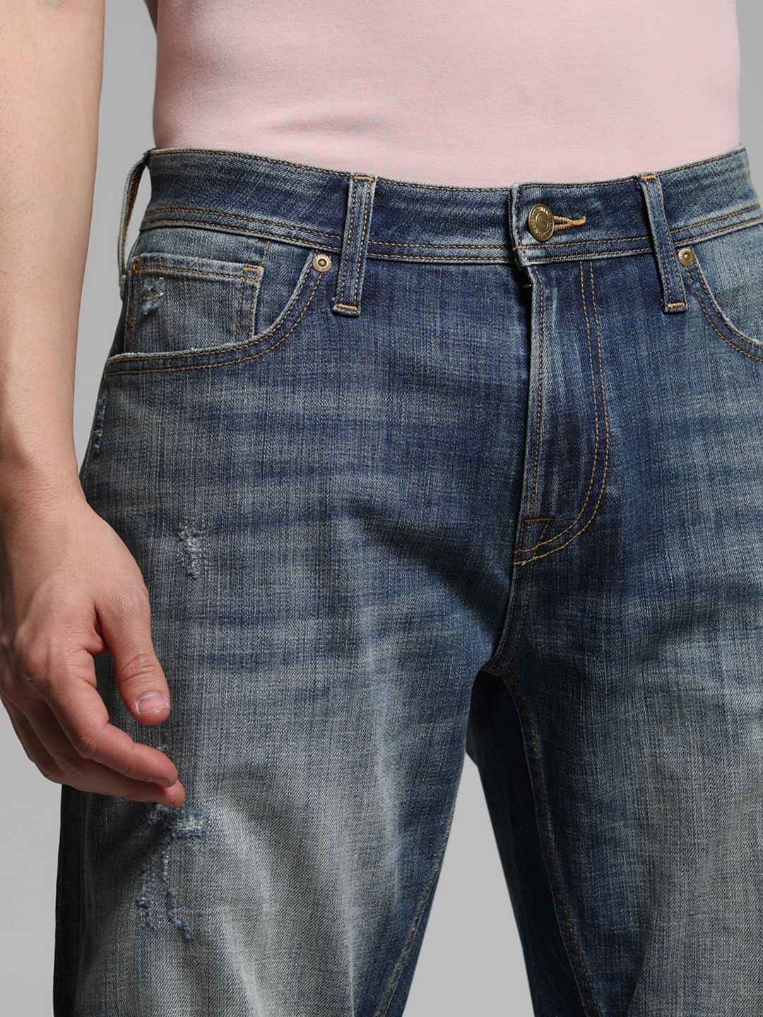 Blue Mid Rise Distressed Denim Shorts