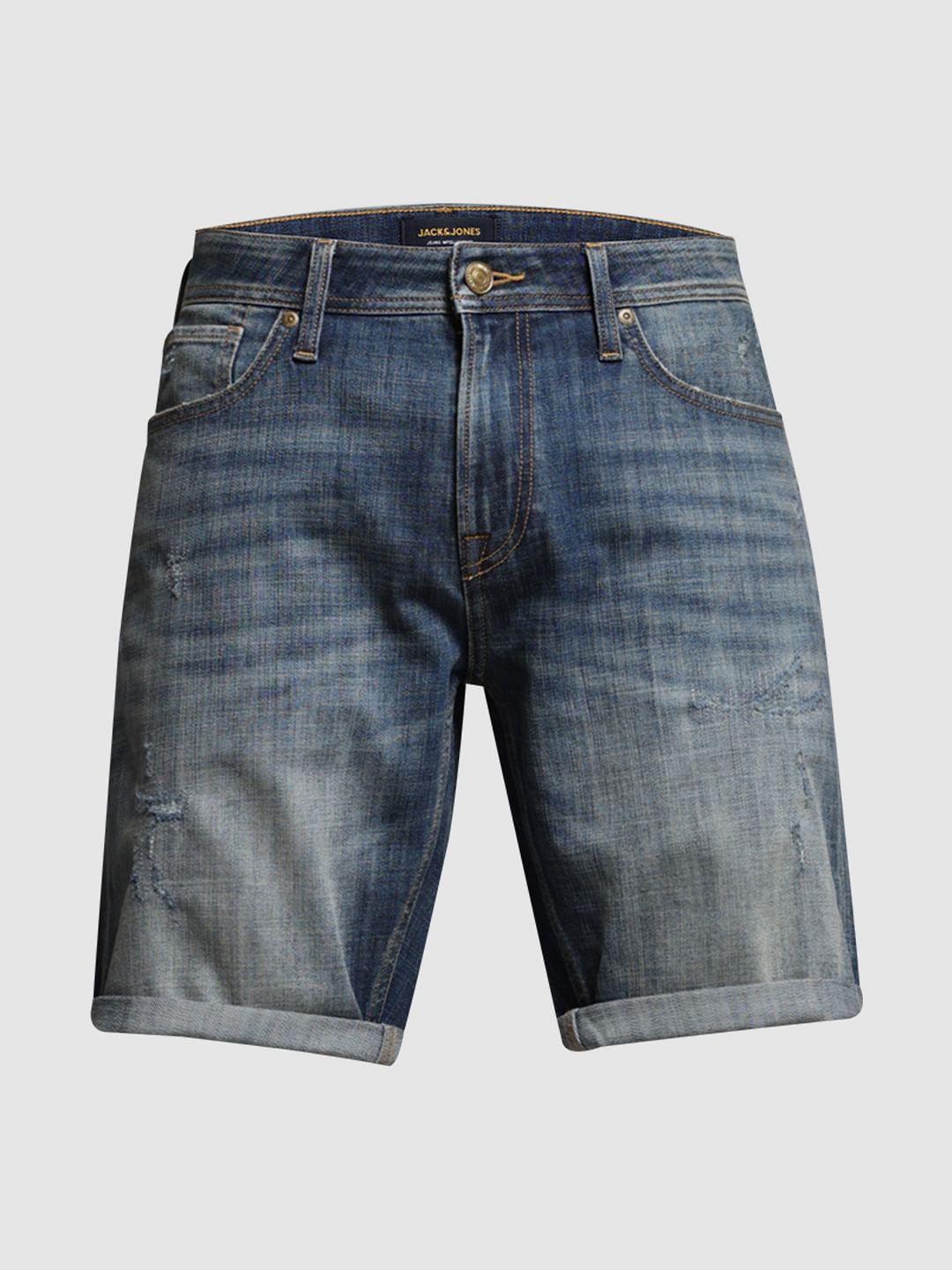 Blue Mid Rise Distressed Denim Shorts