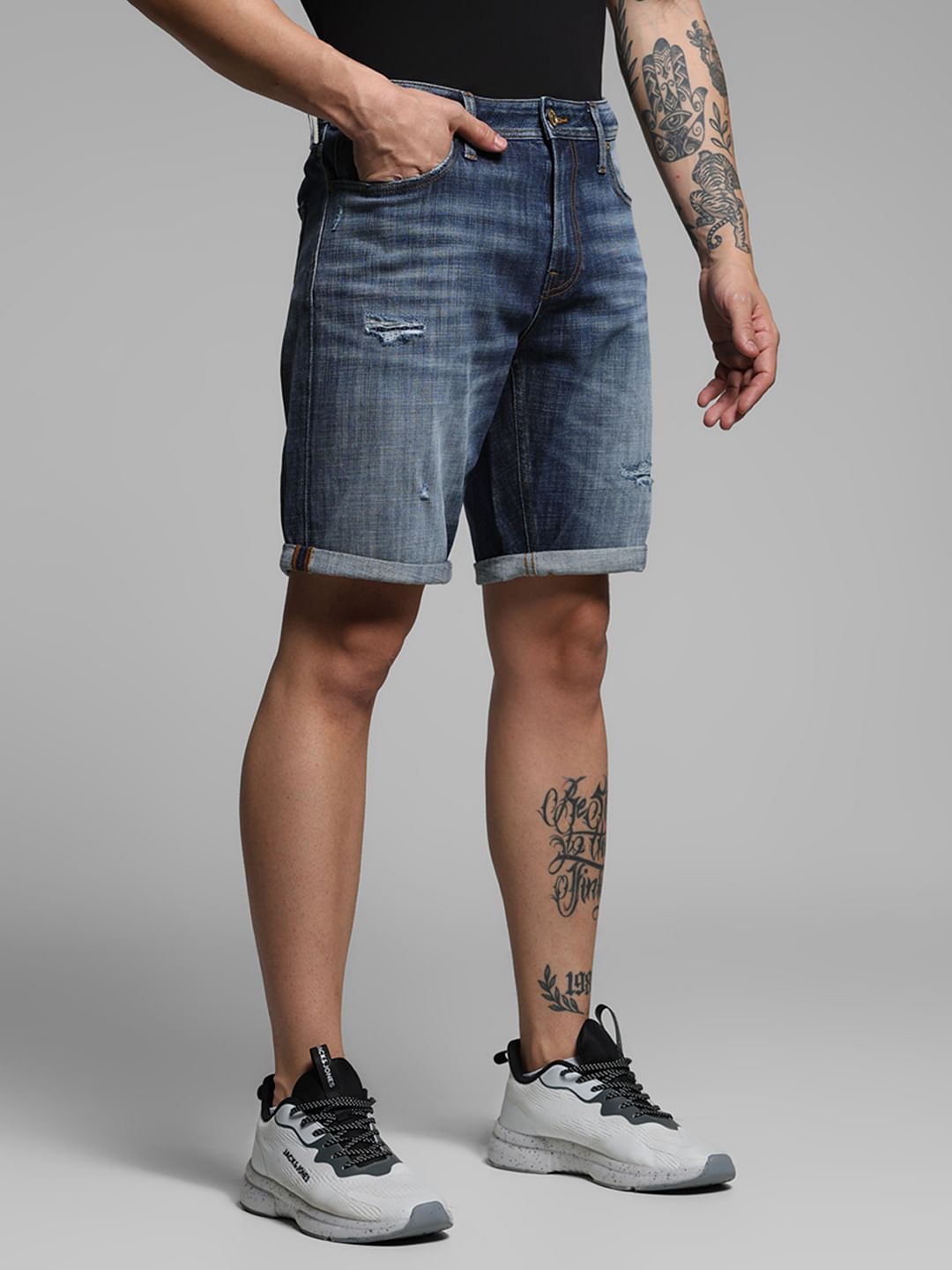 Blue Mid Rise Distressed Denim Shorts