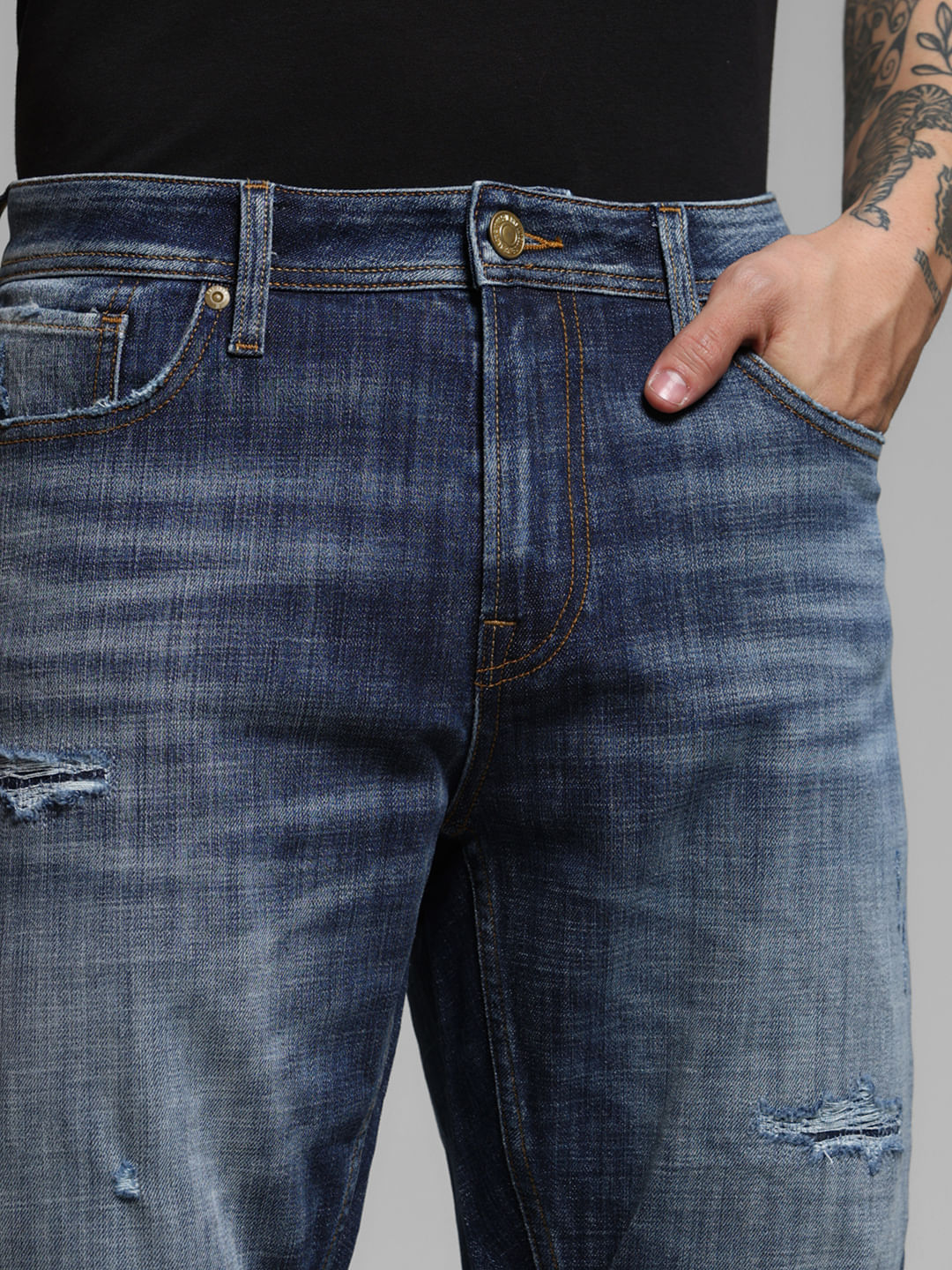 Blue Mid Rise Distressed Denim Shorts