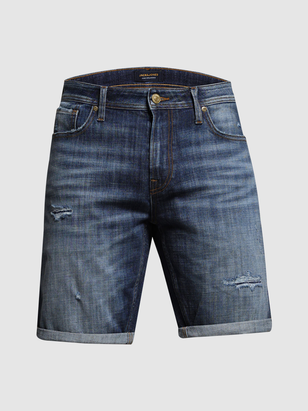 Blue Mid Rise Distressed Denim Shorts