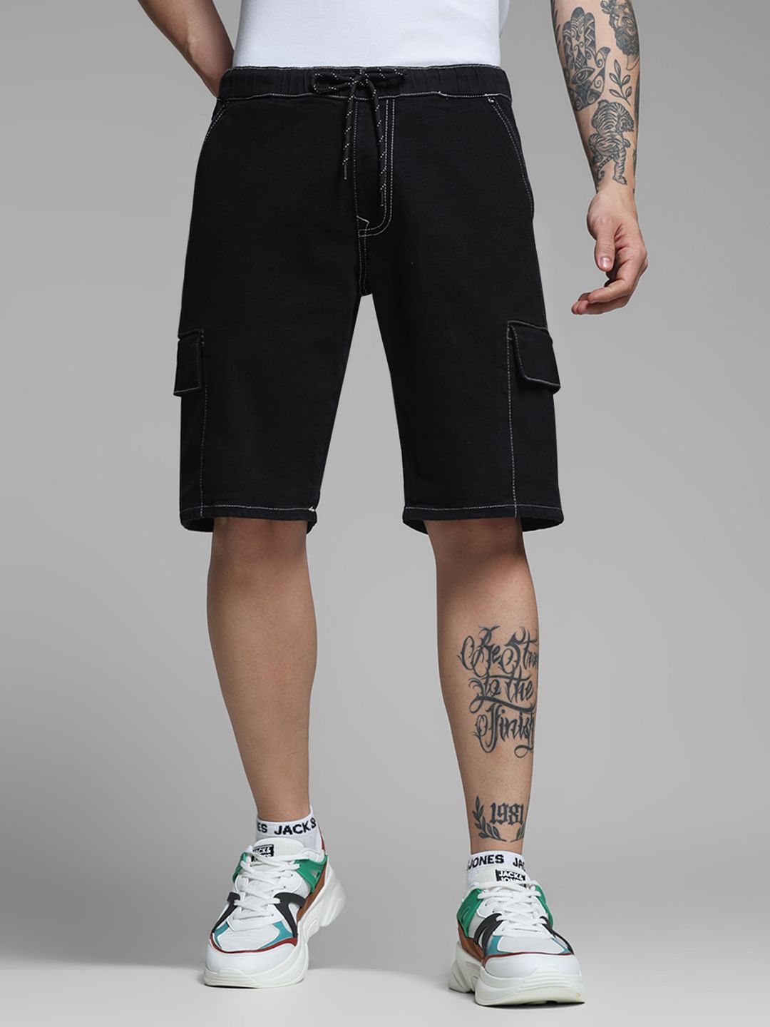 Black Contrast Stitch Cargo Shorts