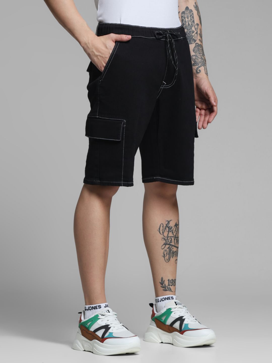 Black Contrast Stitch Cargo Shorts
