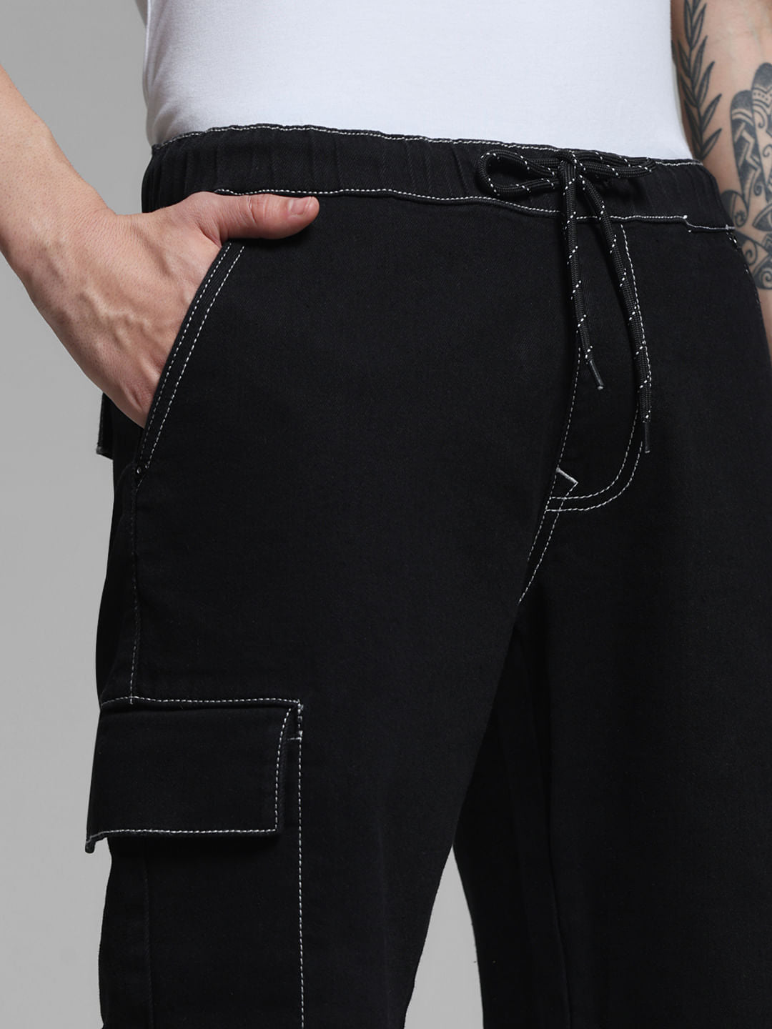 Black Contrast Stitch Cargo Shorts
