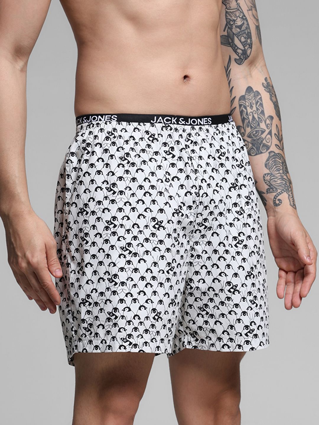 White Penguin Print Cotton Boxers