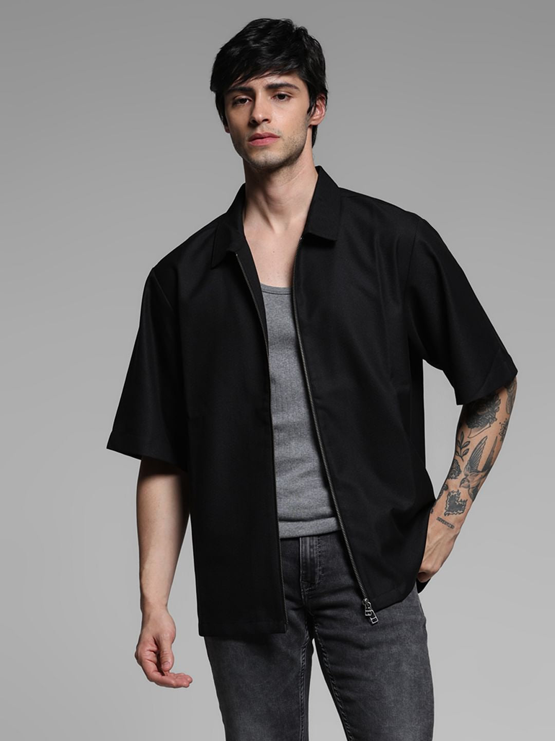 Black Cotton Oversized Overshirt