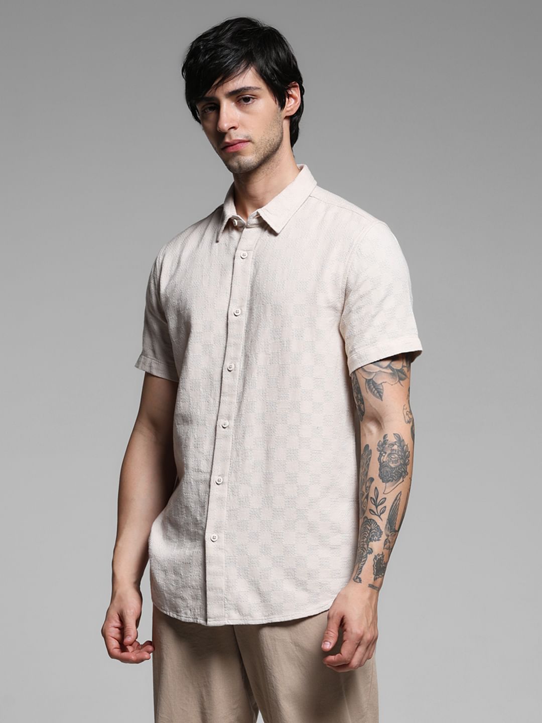 Beige Textured Cotton Shirt