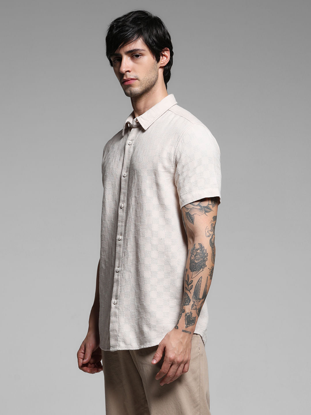 Beige Textured Cotton Shirt