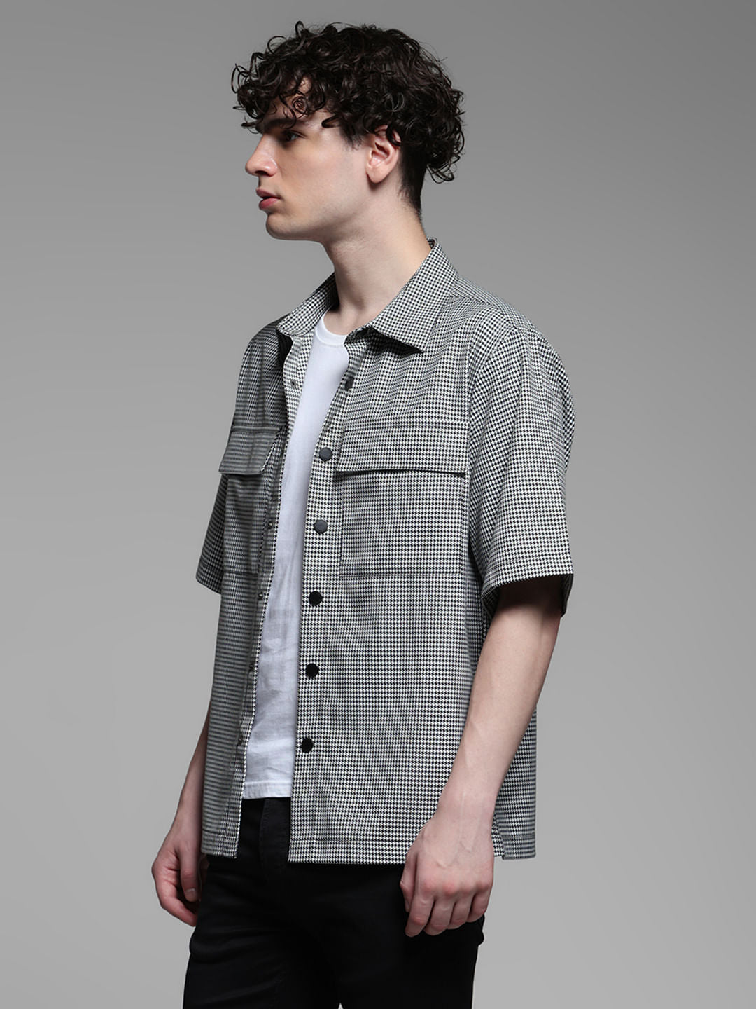 Black Check Cotton Short Sleeves Shirt