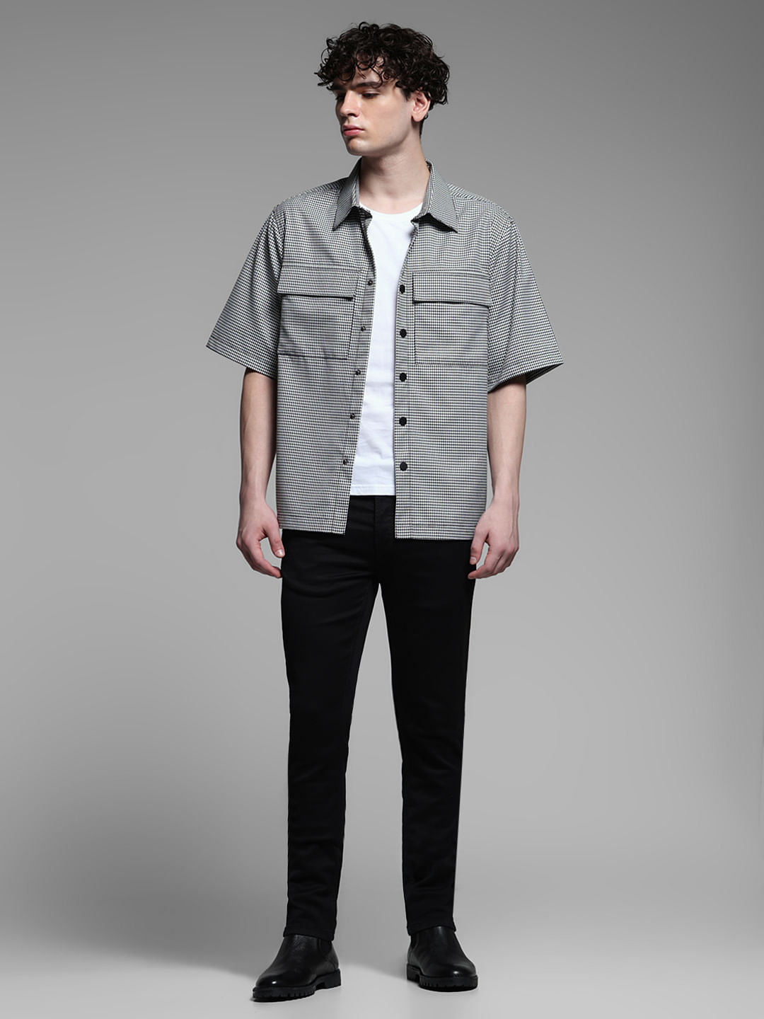 Black Check Cotton Short Sleeves Shirt