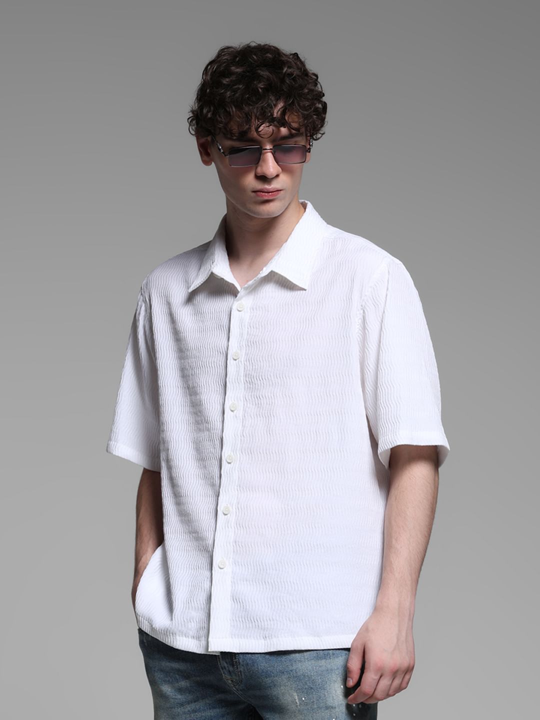 White Dobby Cotton Oversized Shirt