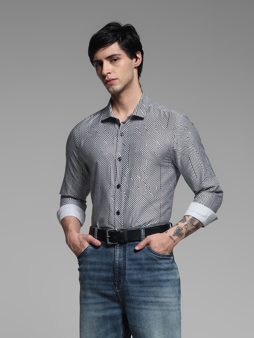 White & Black Striped Print Shirt