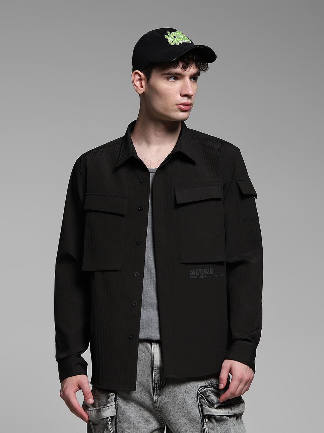 【LOHEN】BIG PATCH POCKET SHIRT Black Patch Pocket Oversized Shirt