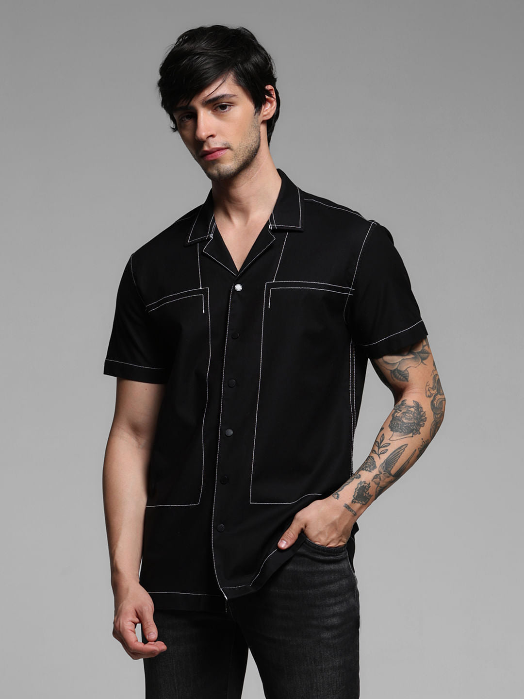 Black Contrast Stitch Short Sleeves Shirt