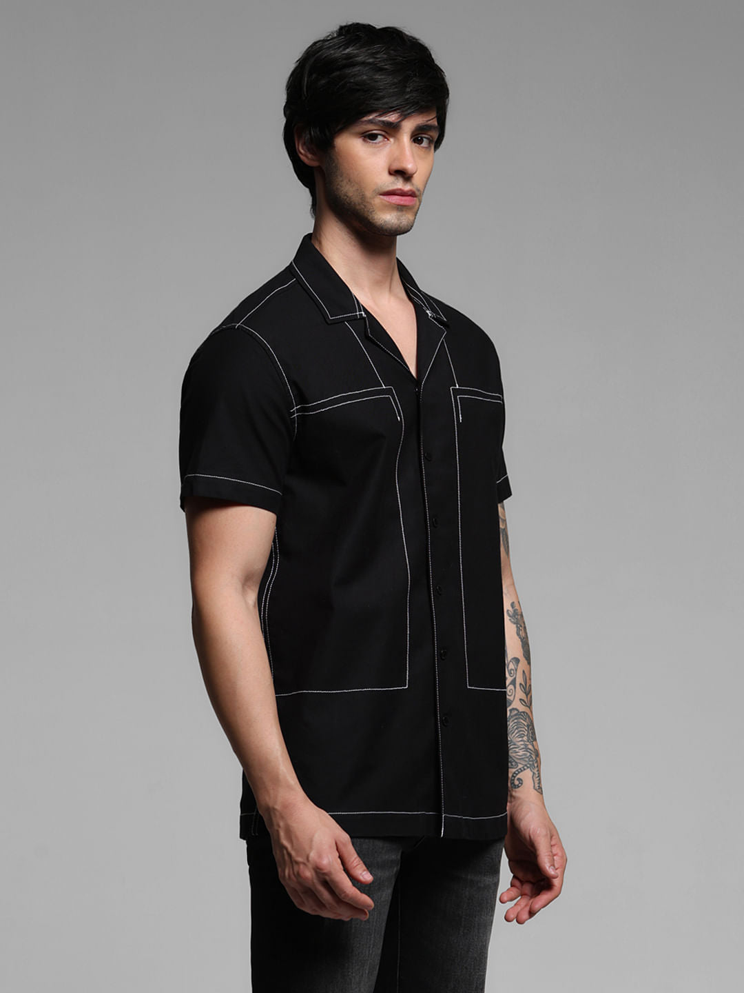 Black Contrast Stitch Short Sleeves Shirt