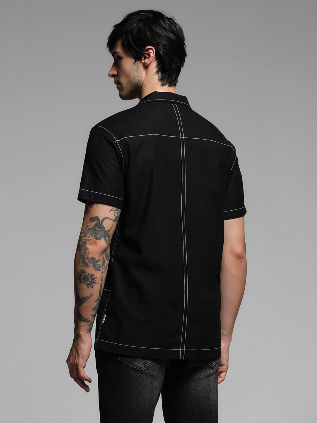 Black Contrast Stitch Short Sleeves Shirt