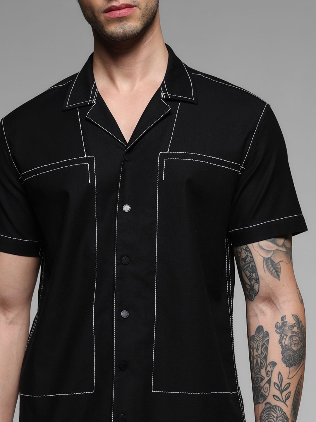 Black Contrast Stitch Short Sleeves Shirt