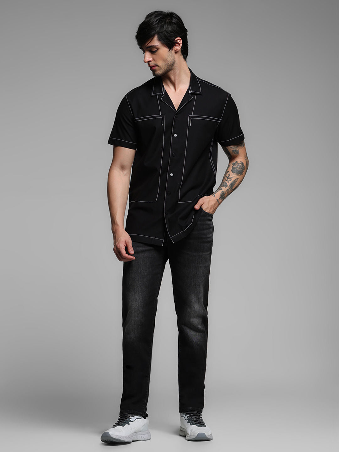 Black Contrast Stitch Short Sleeves Shirt