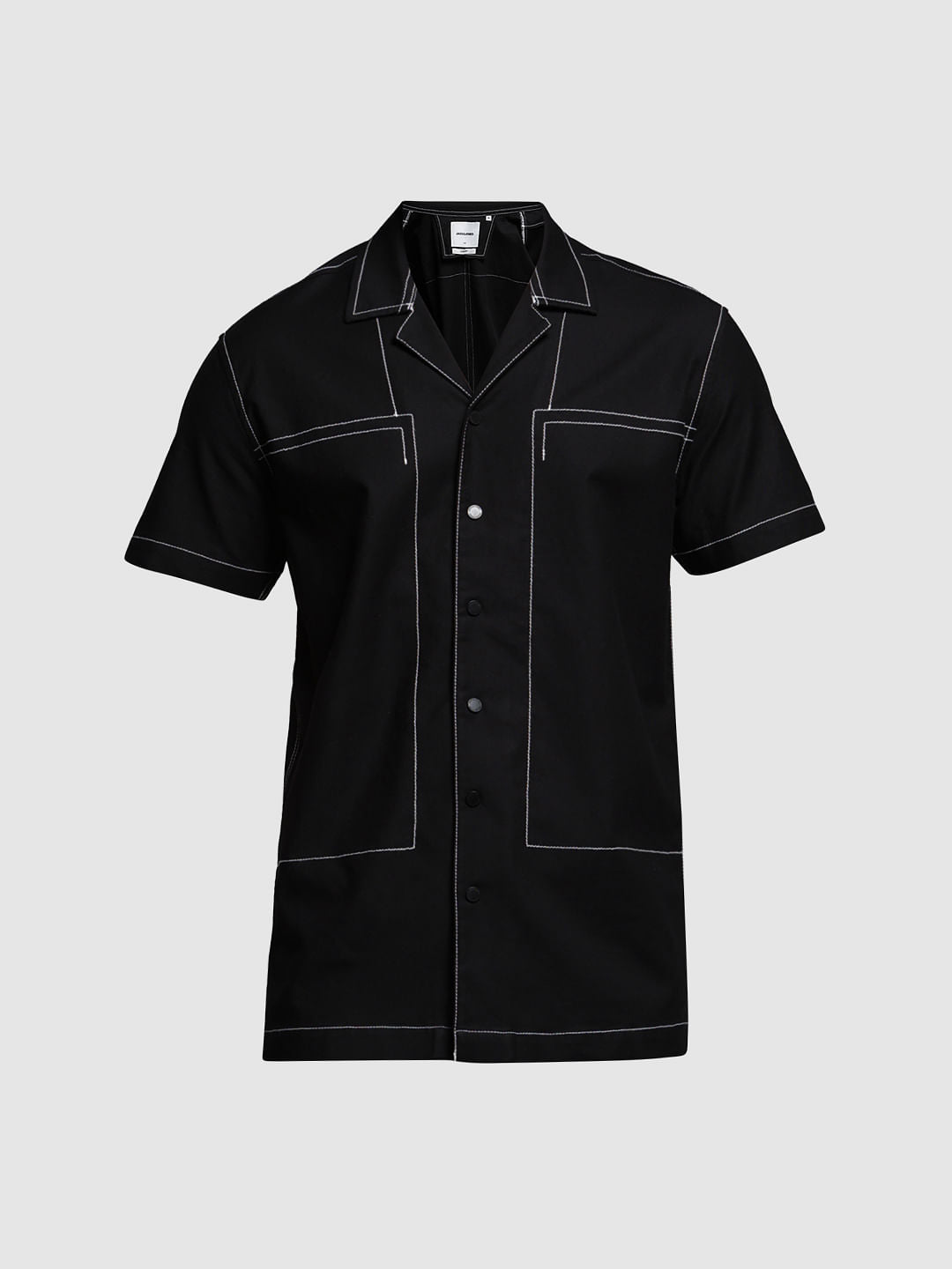 Black Contrast Stitch Short Sleeves Shirt