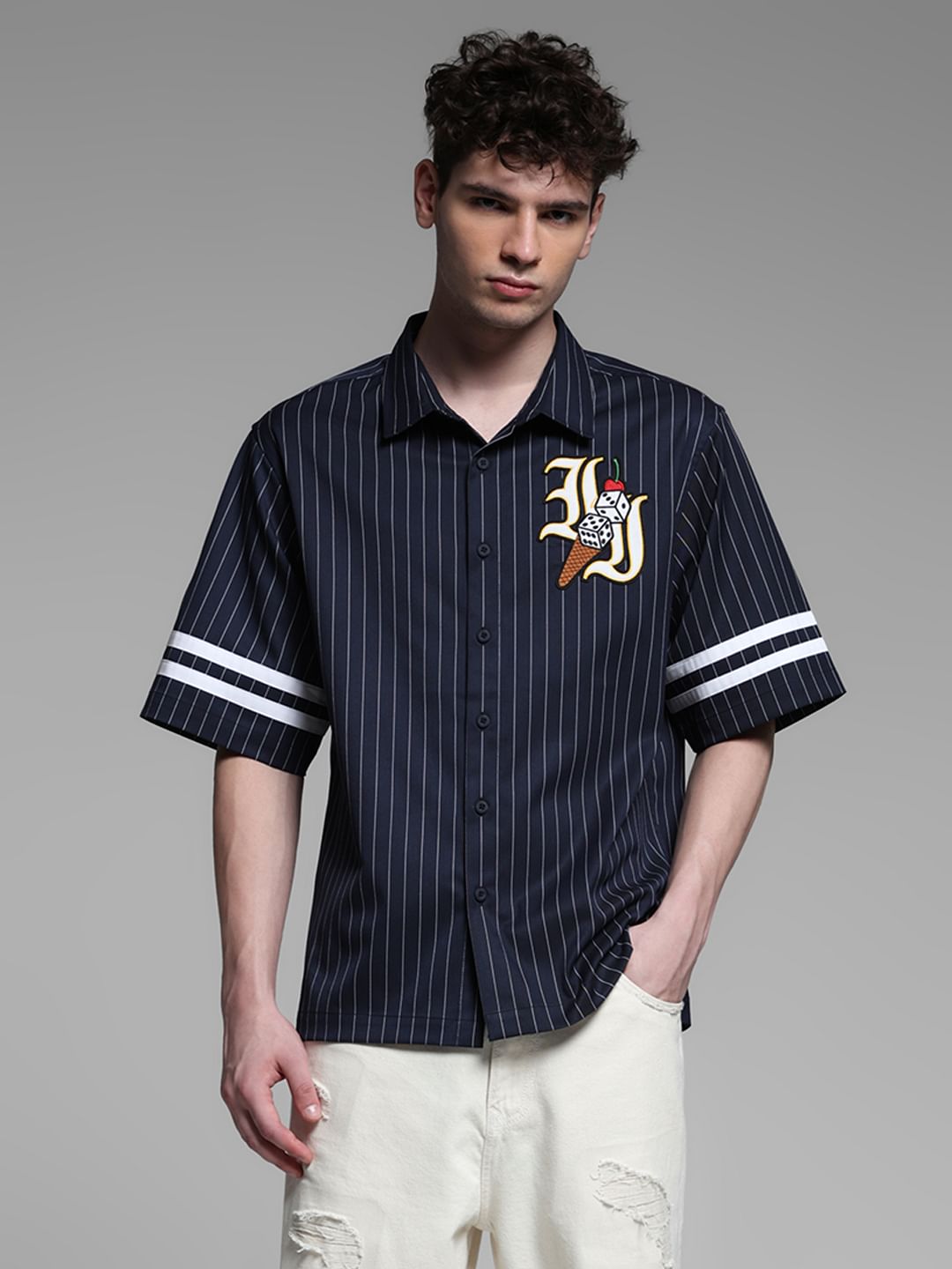 BLUE EMBROIDERED STRIPED SHIRT