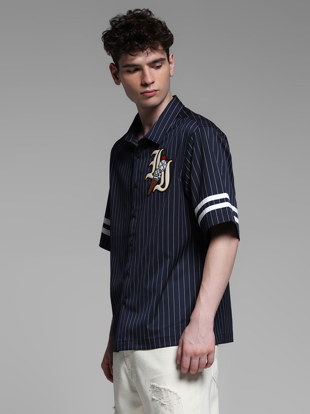 BLUE EMBROIDERED STRIPED SHIRT