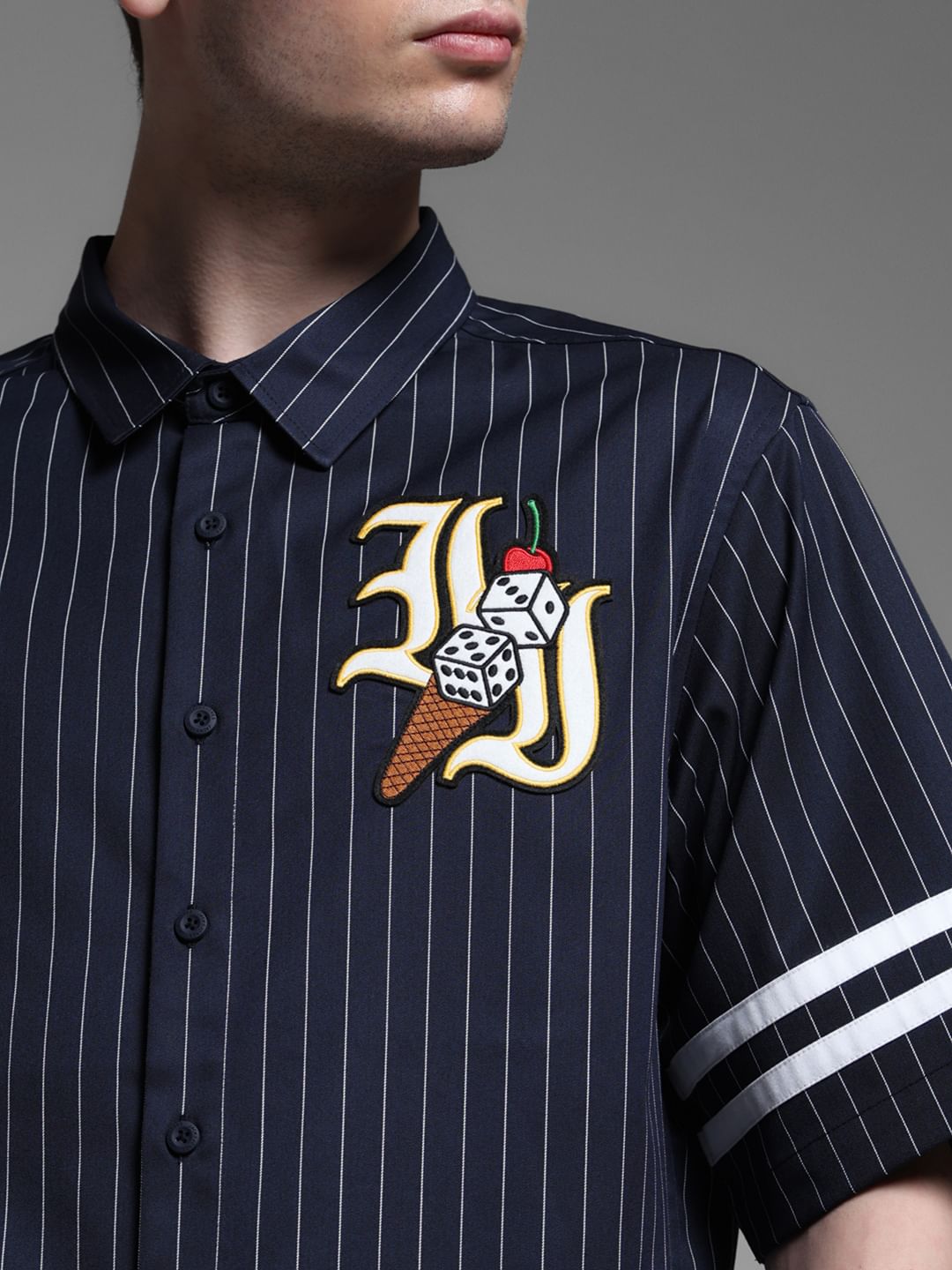 BLUE EMBROIDERED STRIPED SHIRT