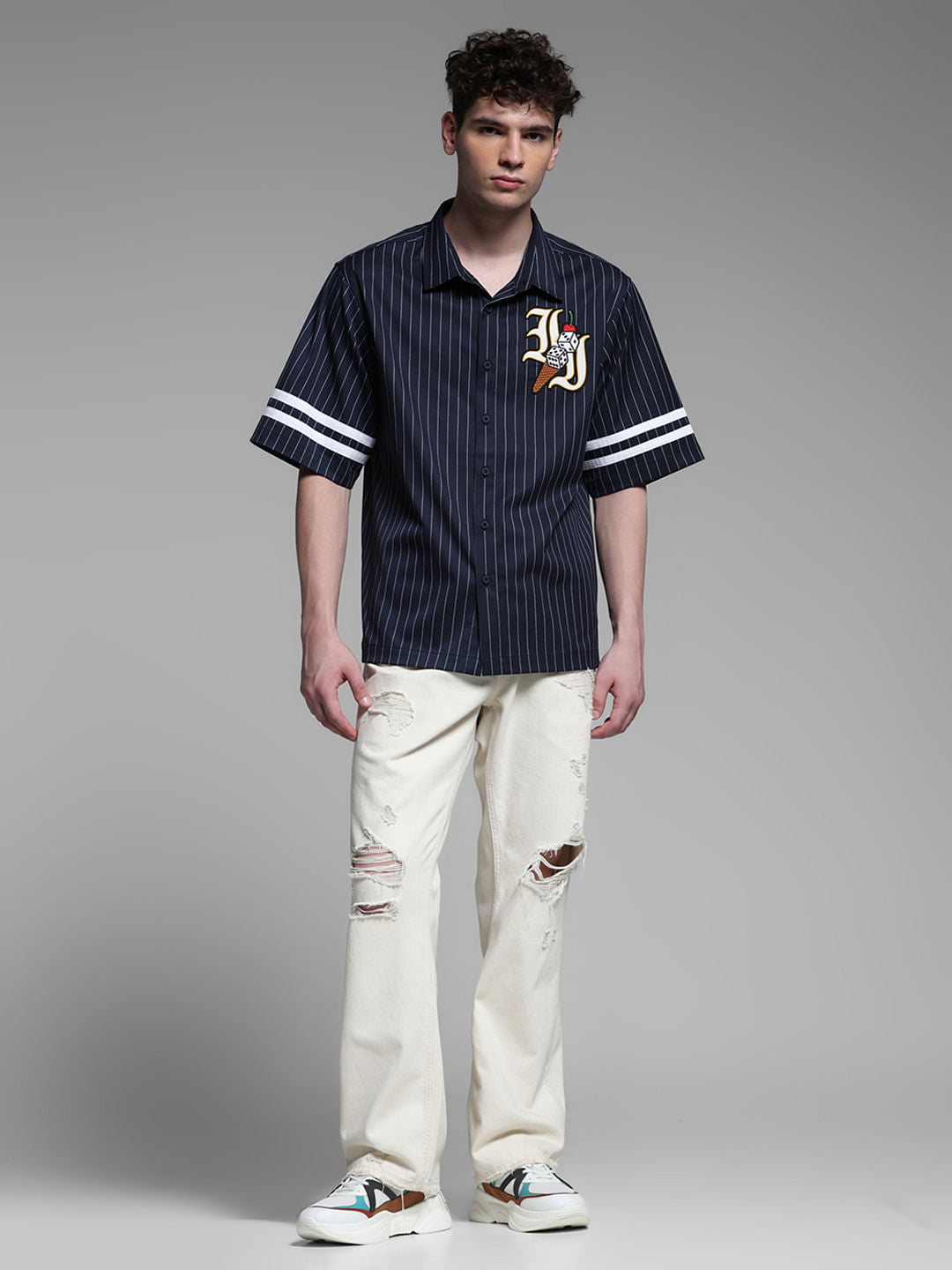 BLUE EMBROIDERED STRIPED SHIRT