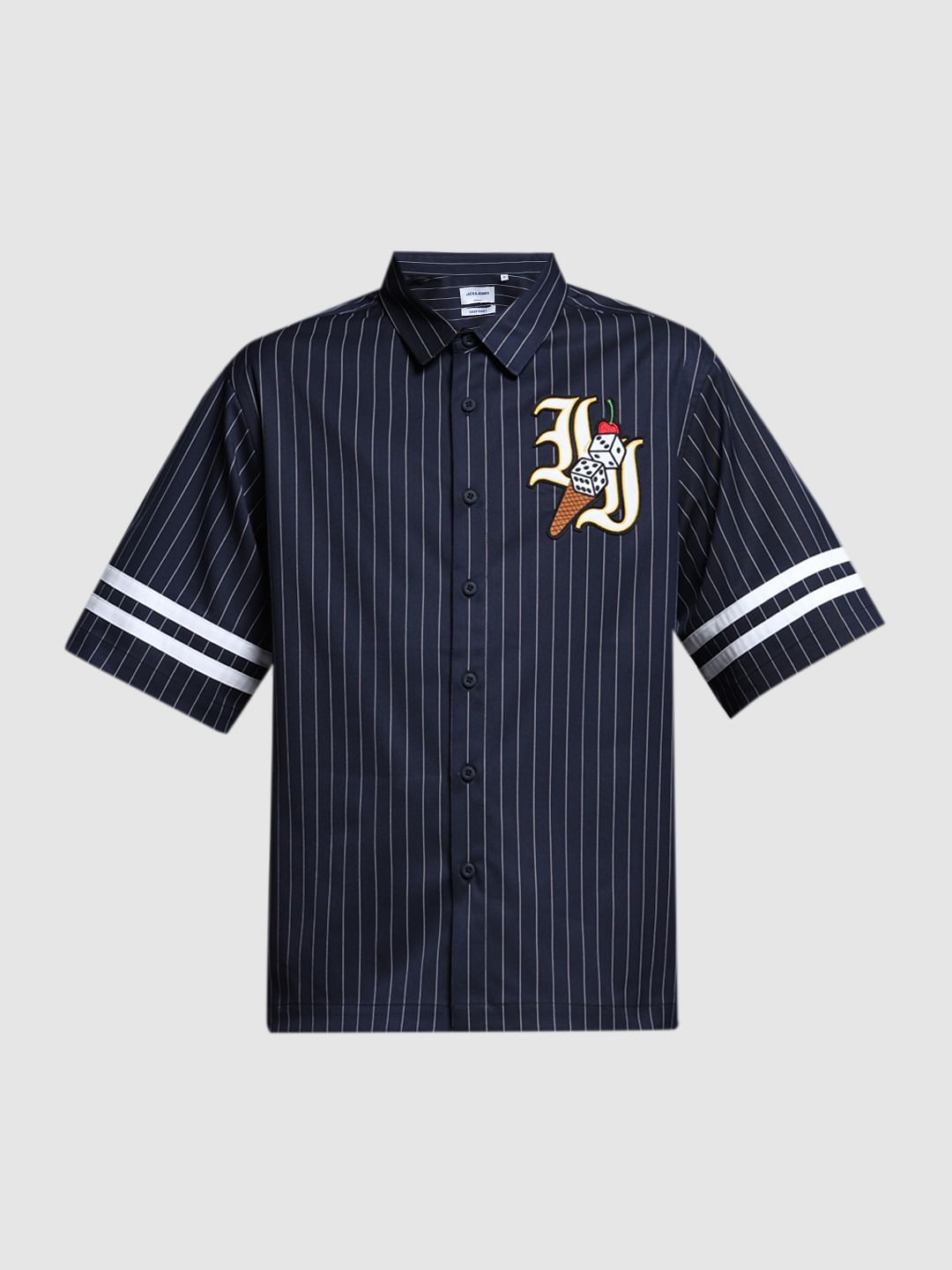 BLUE EMBROIDERED STRIPED SHIRT