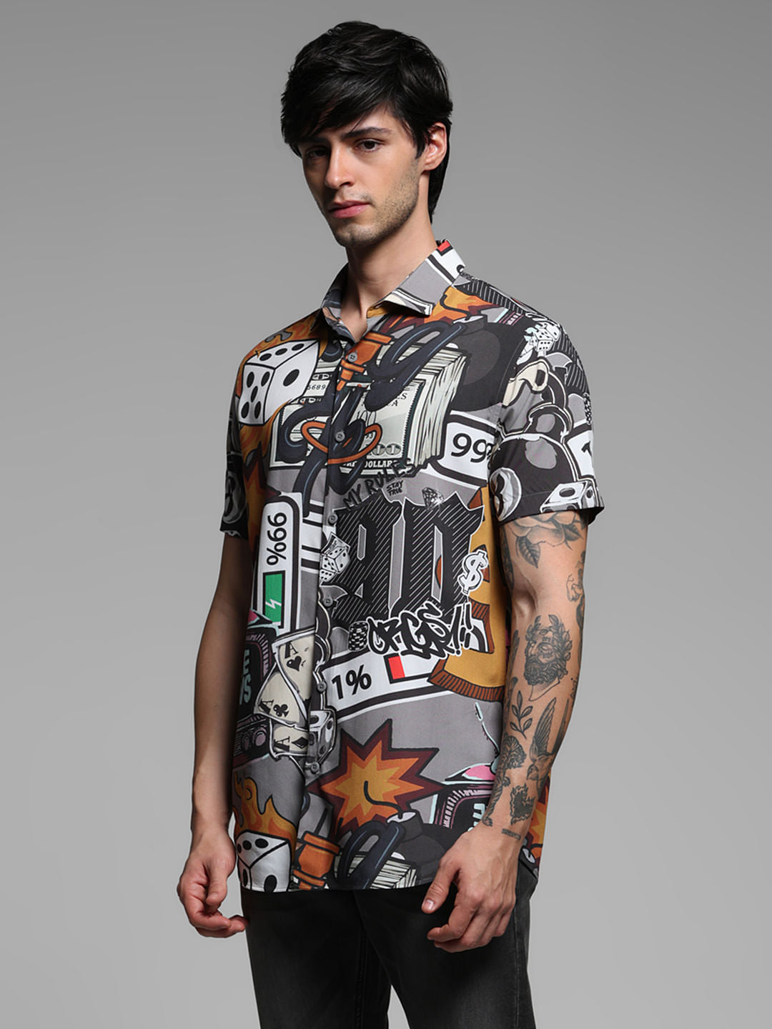 Grey Graphic Print Short Sleeves Shirt