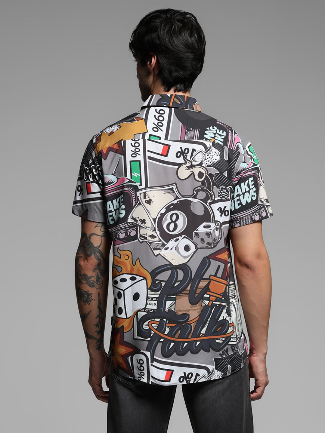 Grey Graphic Print Short Sleeves Shirt