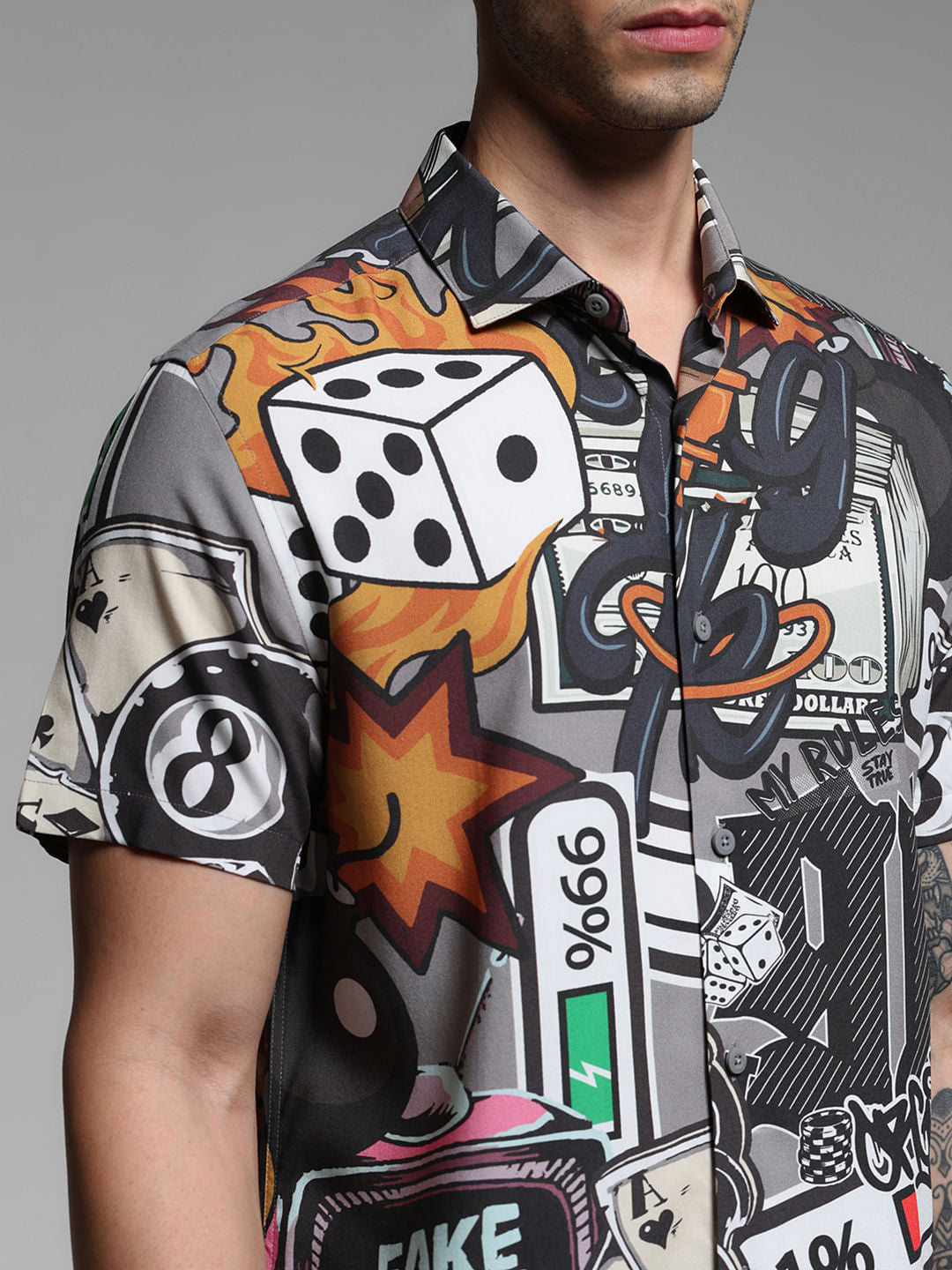 Grey Graphic Print Short Sleeves Shirt