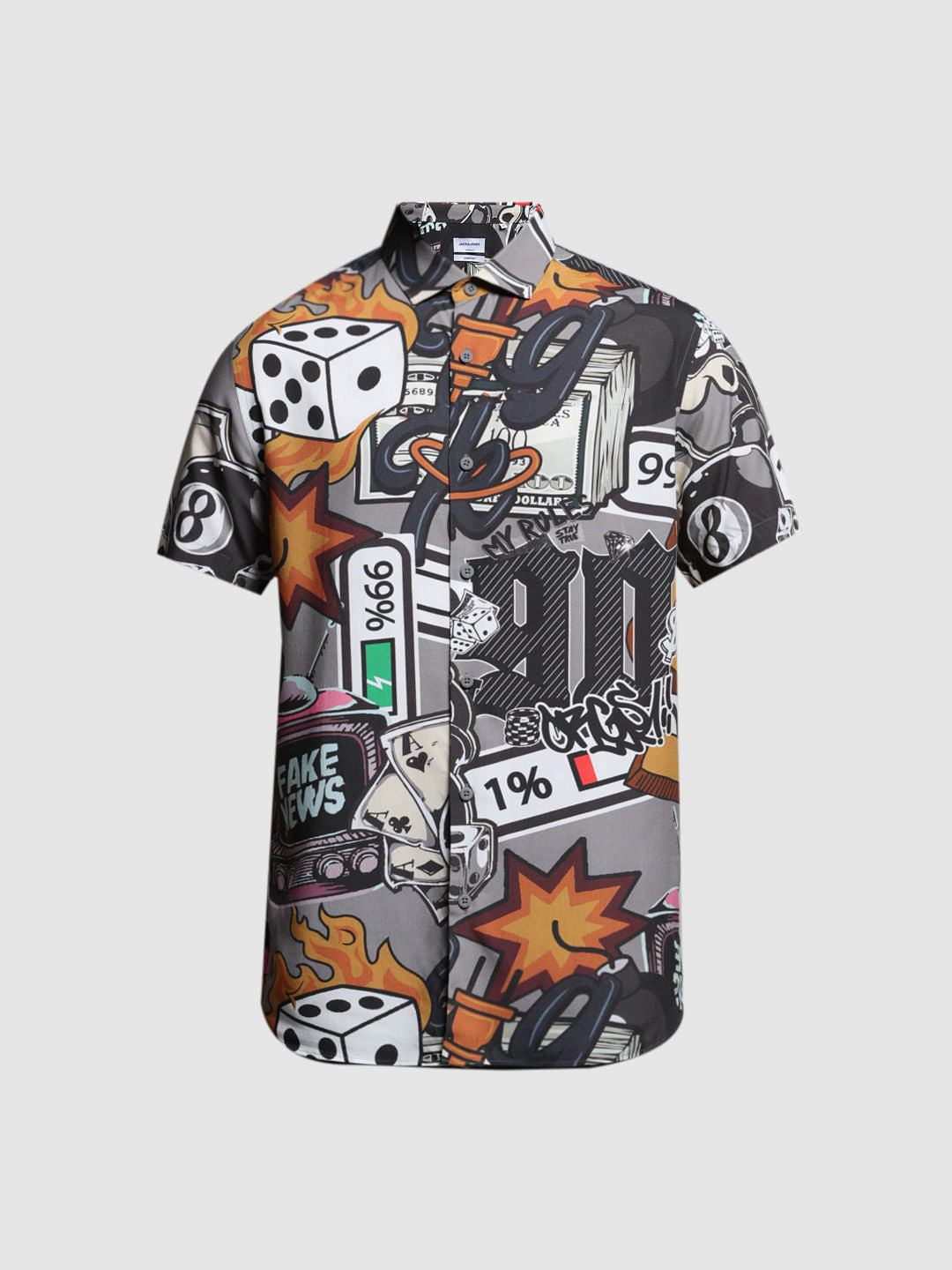 Grey Graphic Print Short Sleeves Shirt