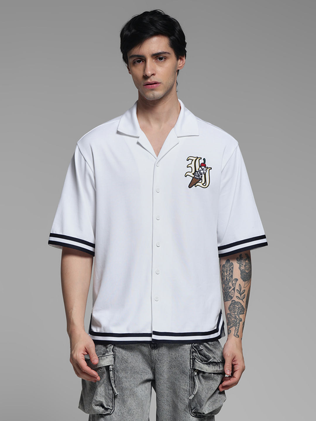 White Embroidered Printed Knit Shirt