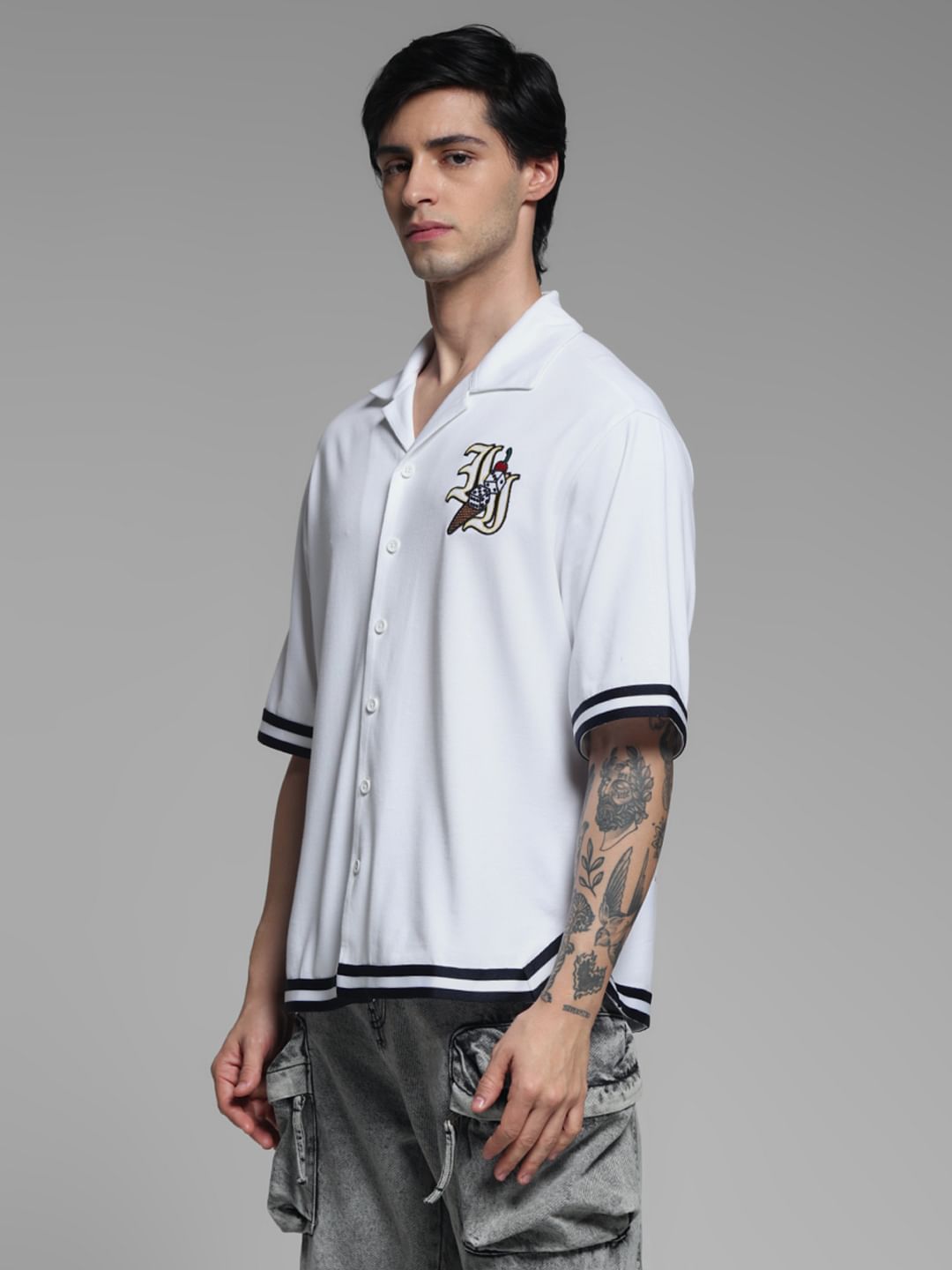 White Embroidered Printed Knit Shirt