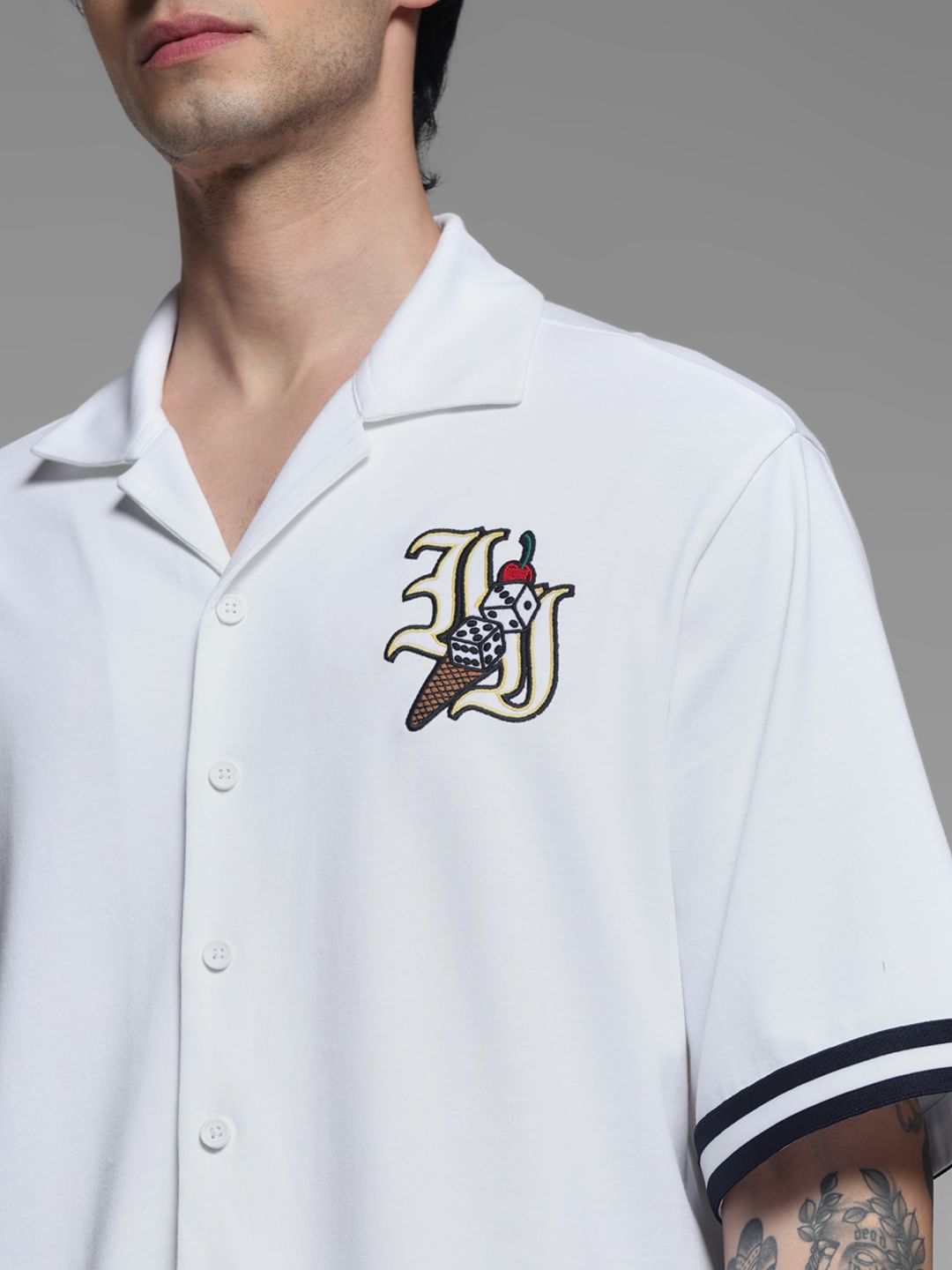 White Embroidered Printed Knit Shirt