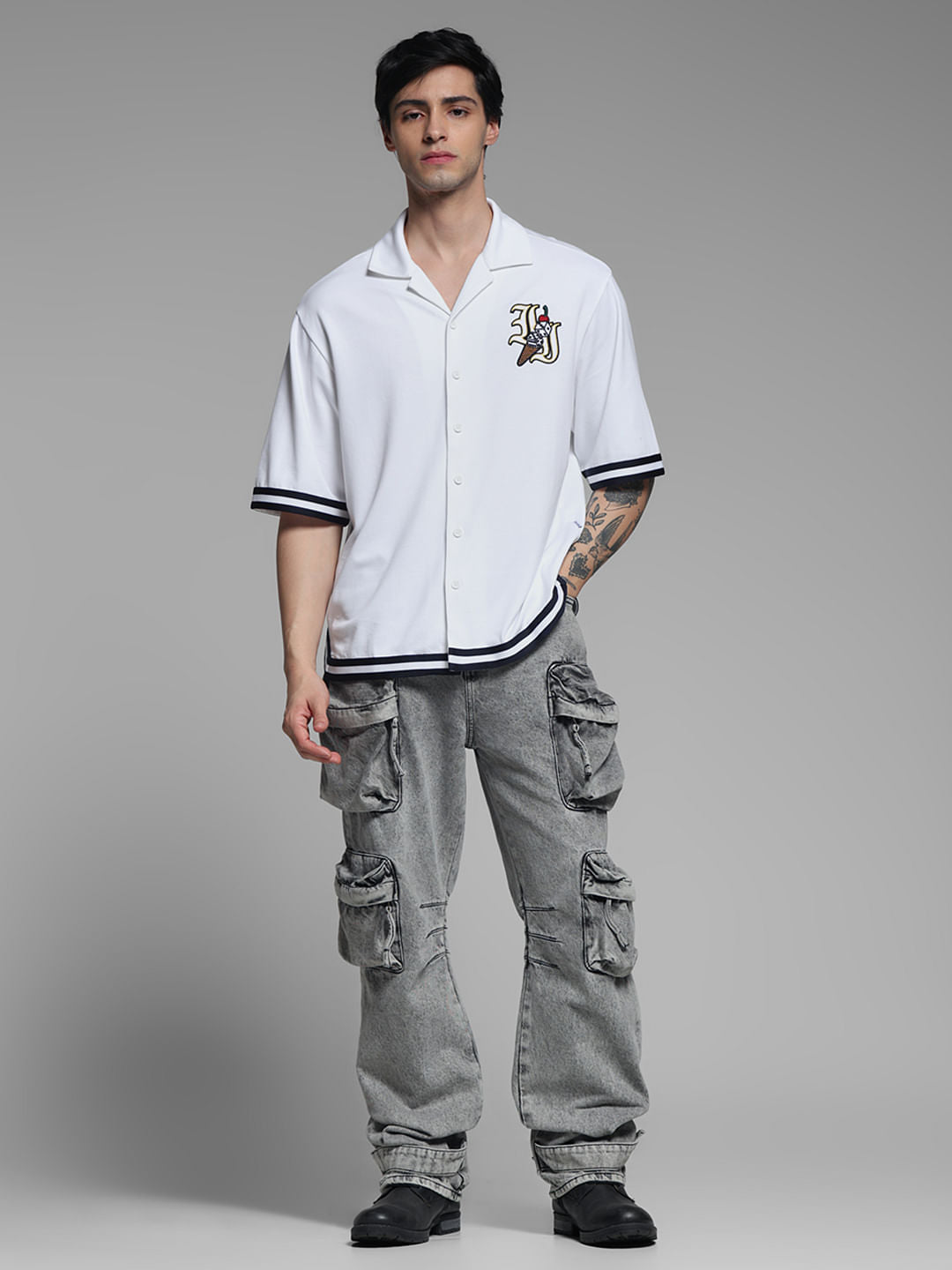 White Embroidered Printed Knit Shirt