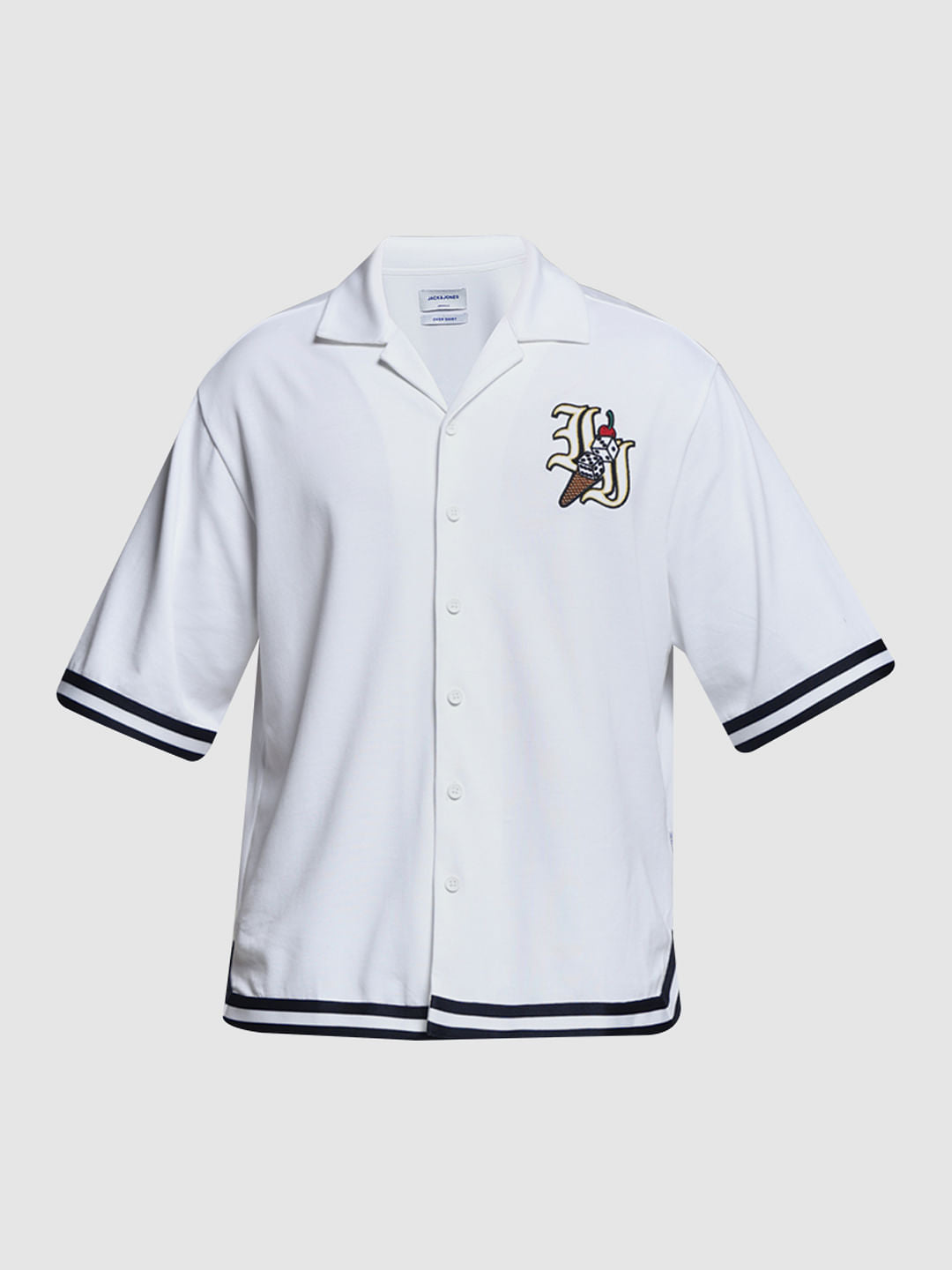 White Embroidered Printed Knit Shirt