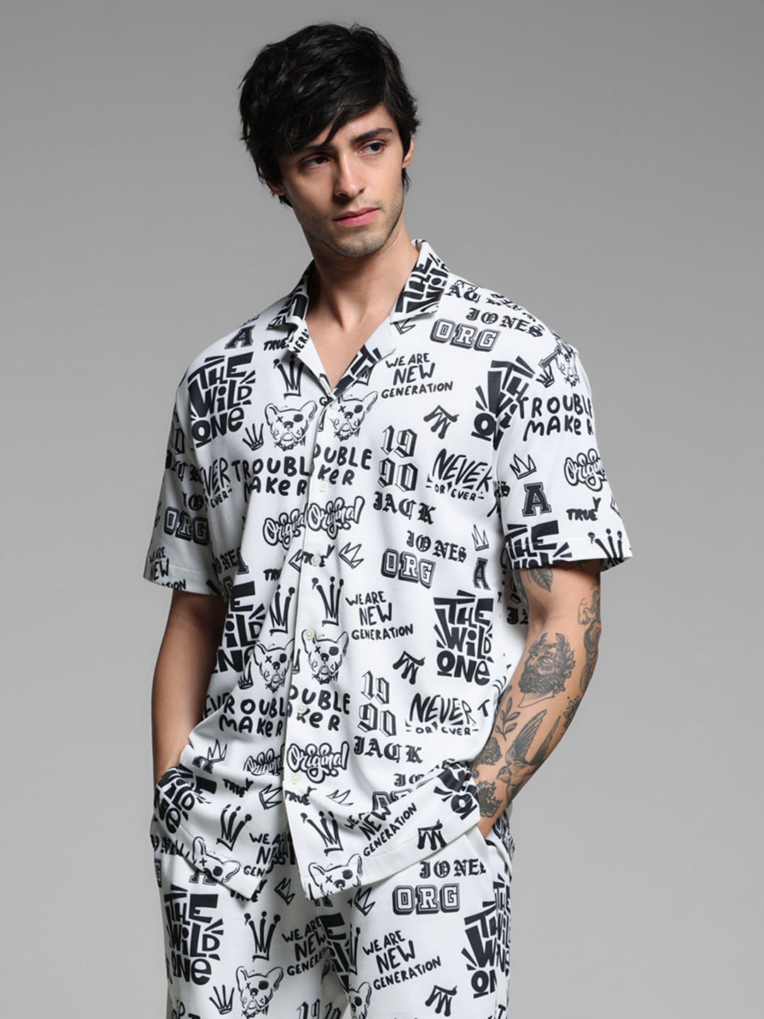 White Abstract Print Co-ord Set Shirt