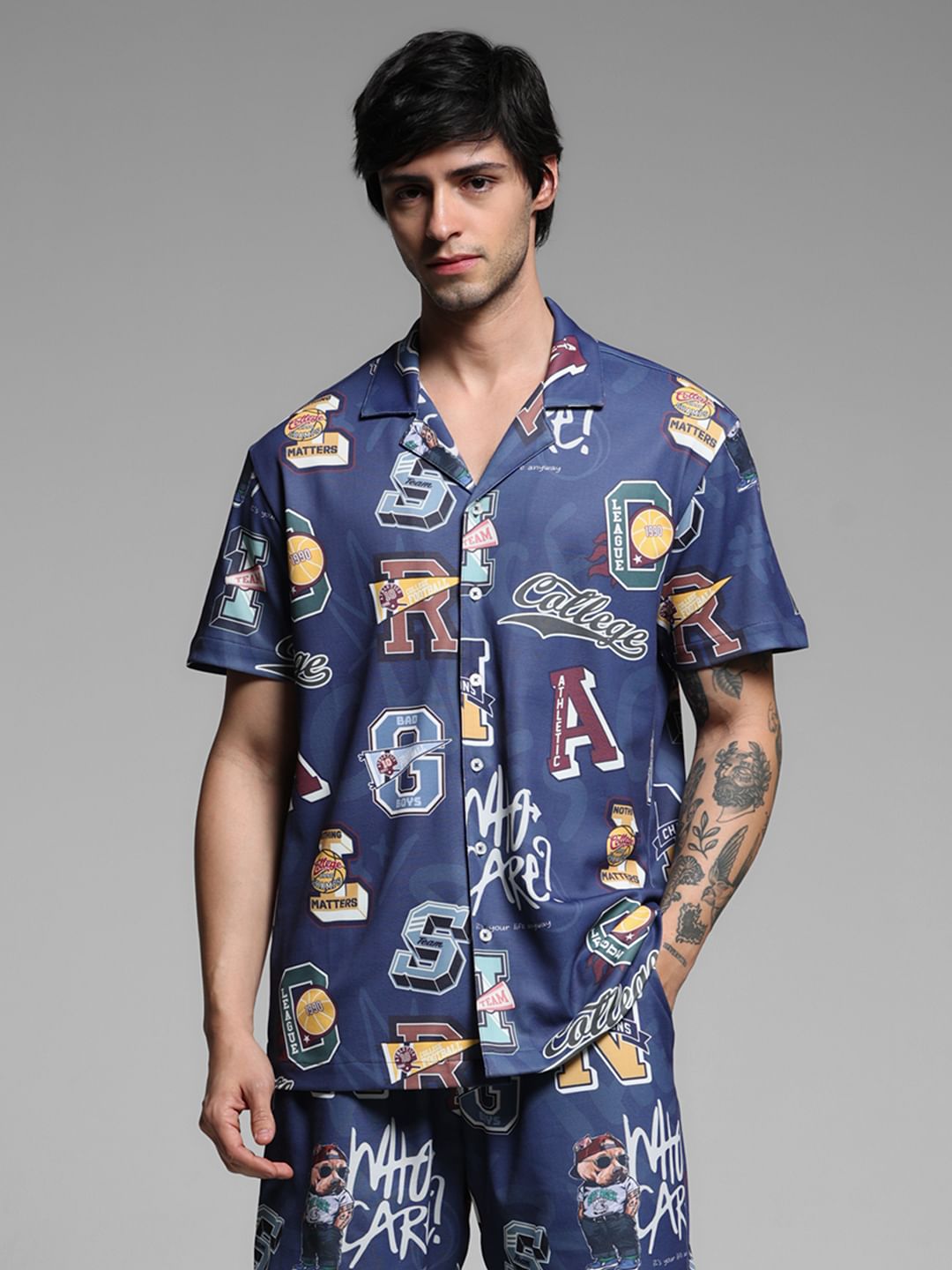 Blue Varsity Print Co-ord Set Shirt