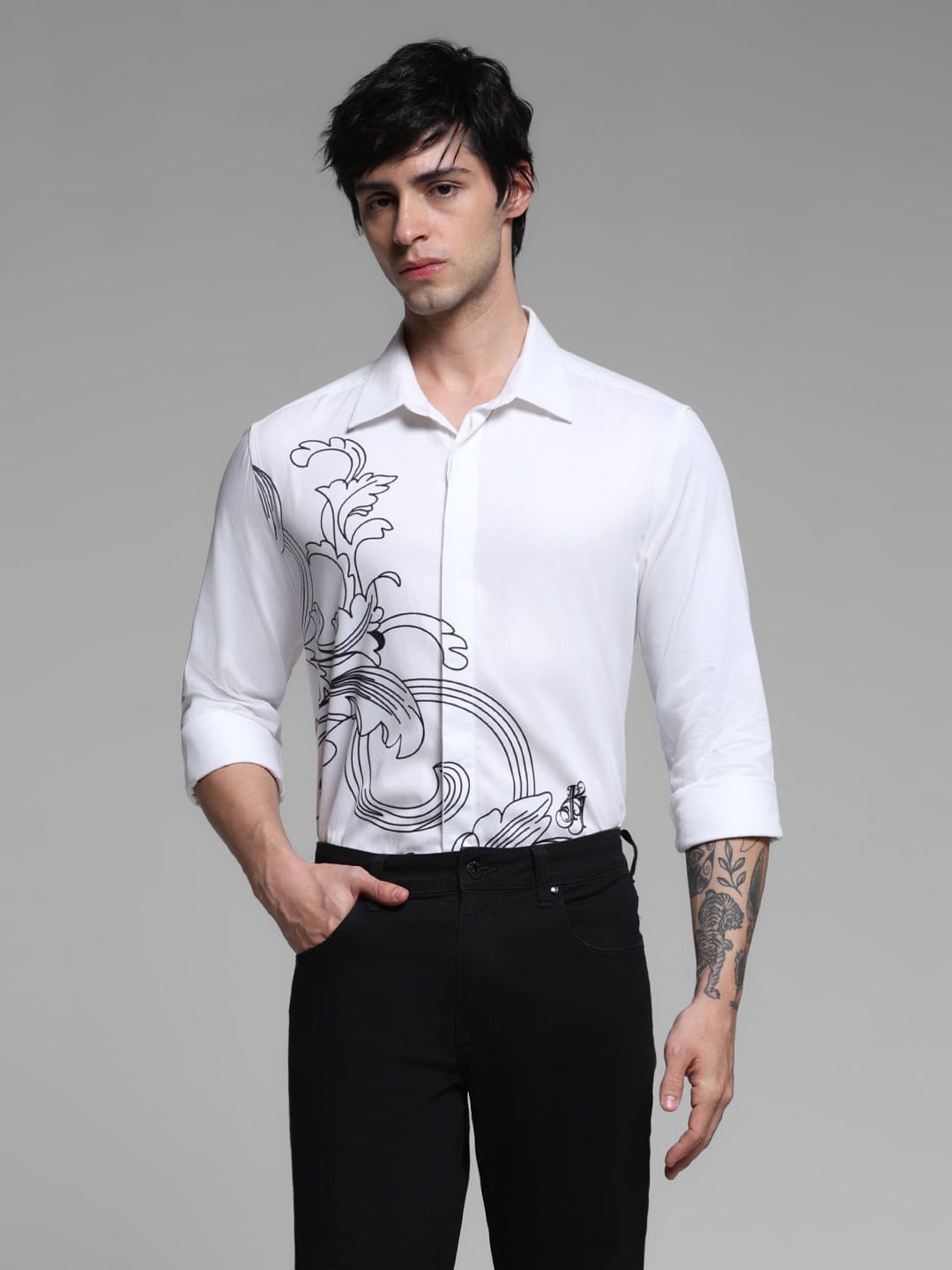 White Printed Full Sleeves Shirt