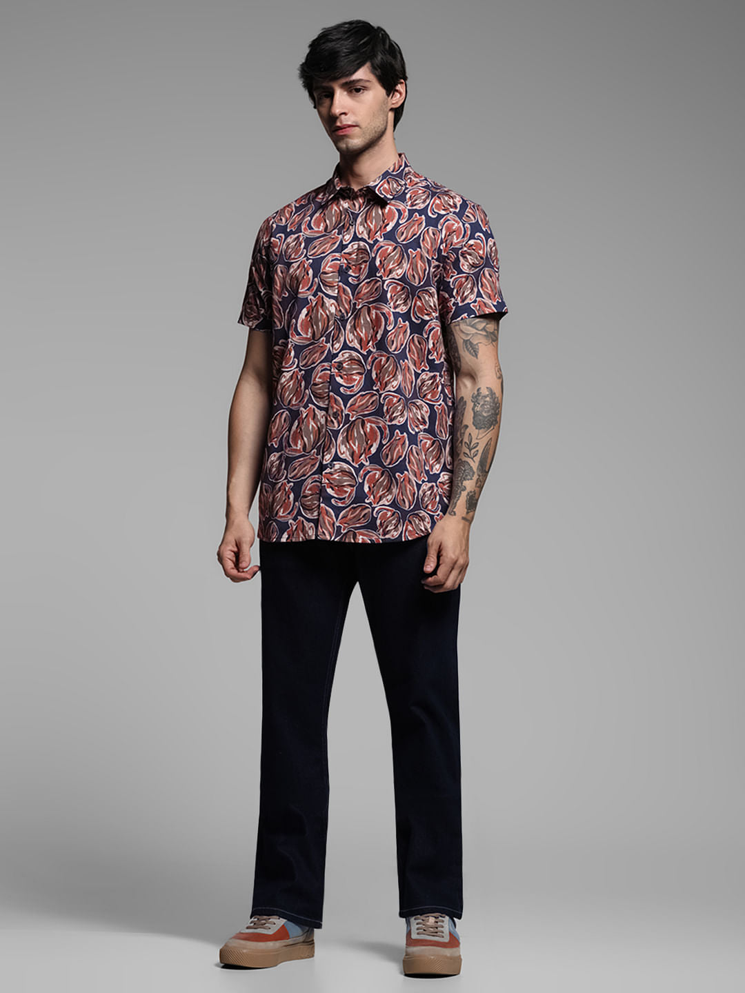 Blue Printed Short Sleeves Shirt