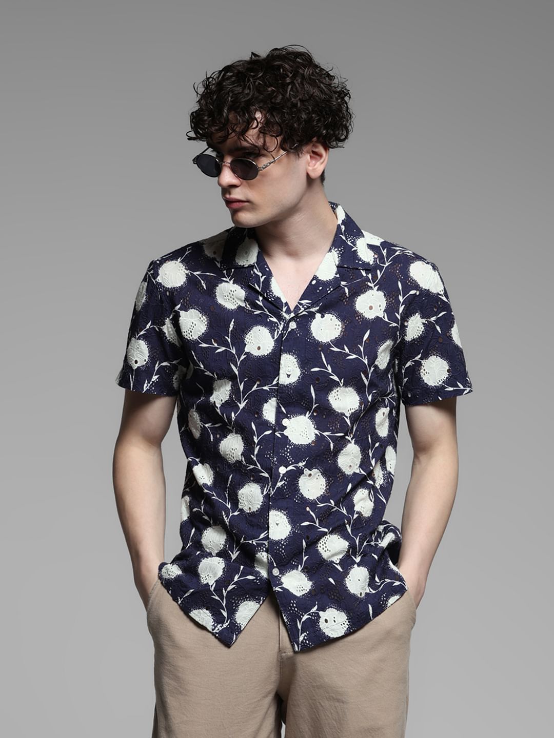 Blue Floral Embroidered Shirt